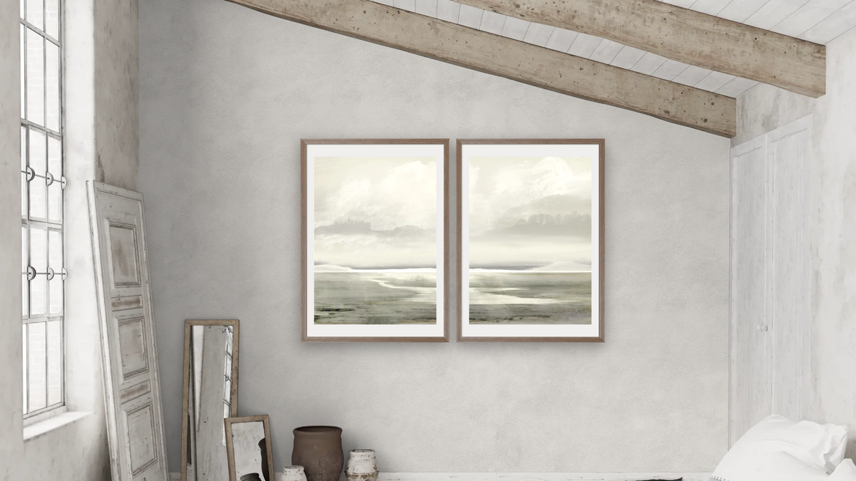 Diptych — Lakes 1 × Lakes 2, shown at 28 × 42 in (71.1 × 106.7 cm) in Arber Light Walnut, bedroom