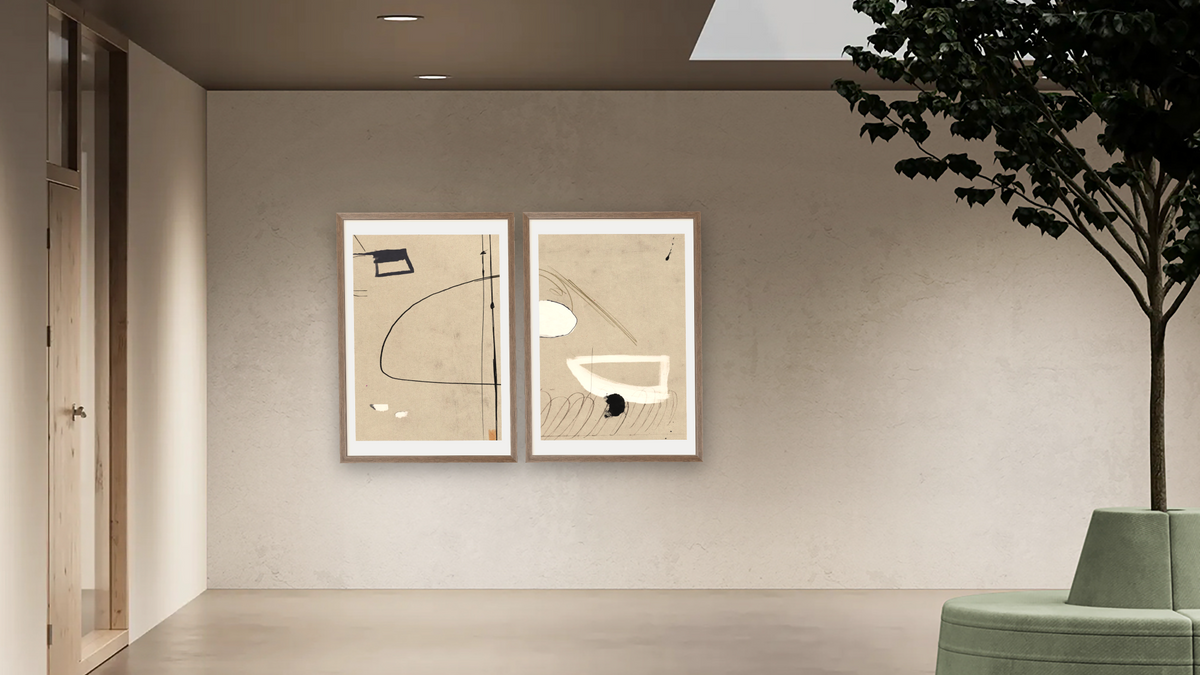 Diptych — Regenerate 1 × Regenerate 2, shown at 28 × 42 in (71.1 × 106.7 cm) in Arber Light Walnut, office