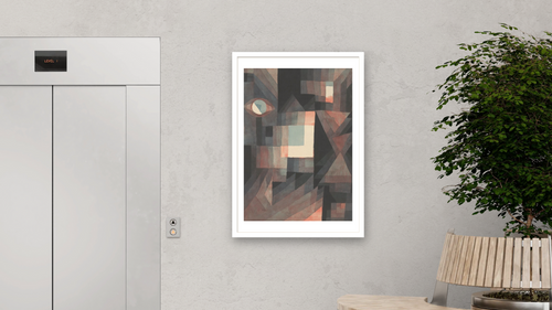 Abstract (Red/Green Gradation with some cinnibar in vertical format) by Paul Klee, shown at 28 × 42 in (71.1 × 106.7 cm) in Arber Light Walnut, office [arteriel-render:v6:room_a:28x42@54,47]