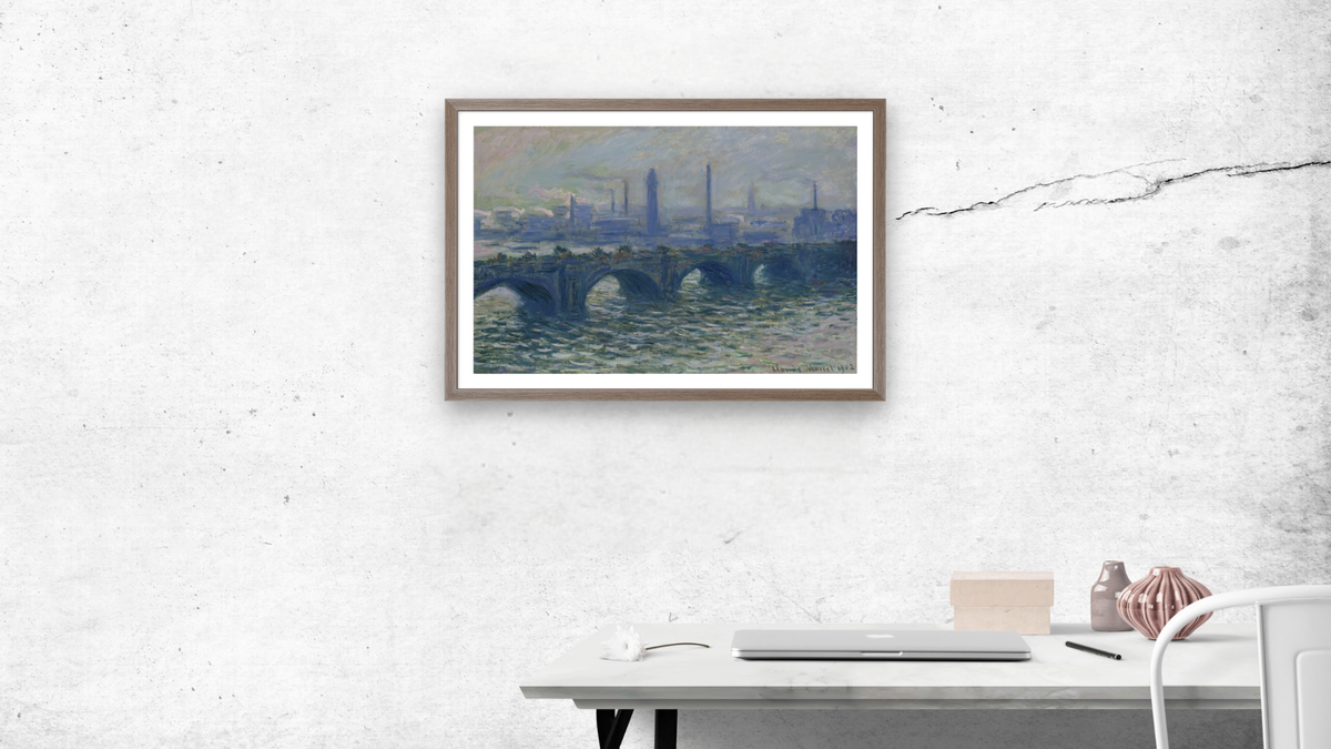 Waterloo Bridge by Claude Monet, shown at 27 × 42 in (68.6 × 106.7 cm) in Arber Light Walnut, office