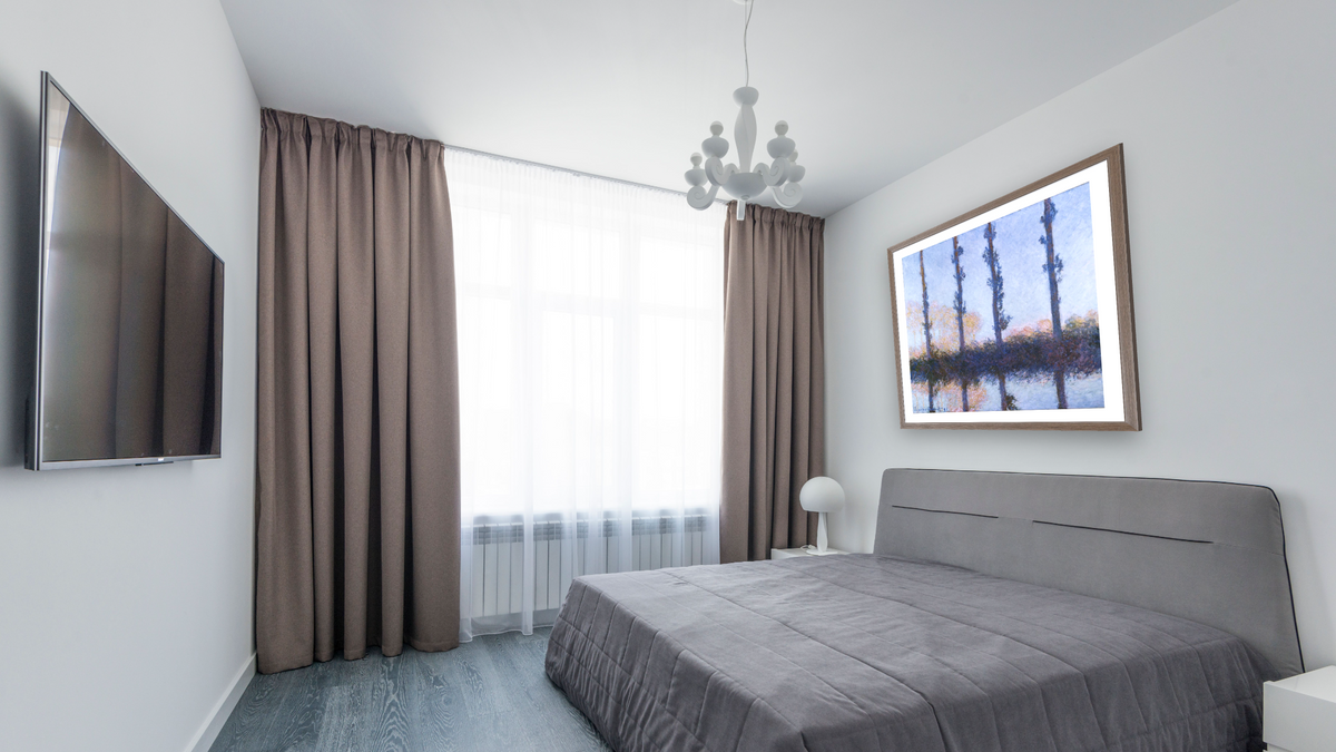 The Four Trees by Claude Monet, shown at 32 × 32 in (81.3 × 81.3 cm) in Arber Light Walnut, bedroom