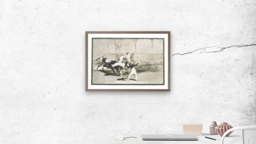 A Moor Caught by the Bull... from La Tauromaquia by Francisco José de Goya, shown at 28 × 42 in (71.1 × 106.7 cm) in Arber Light Walnut, office [arteriel-render:v6:room_a:28x42@50,43]
