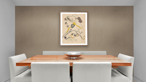Abstract Composition by Wassily Kandinsky, shown at 30 × 40 in (76.2 × 101.6 cm) in Arber Light Walnut, dining [arteriel-render:v6:room_a:30x40@51,35]