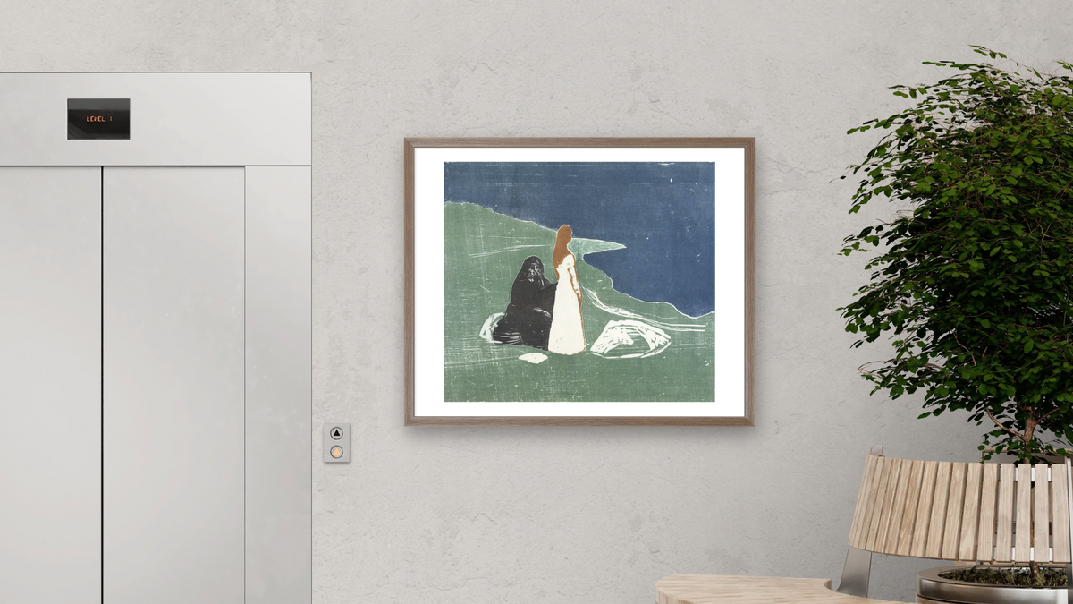 Two Women on the Beach by Edvard Munch, shown at 32 × 40 in (81.3 × 101.6 cm) in Arber Light Walnut, office