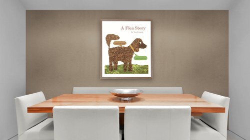 A Flea Story (cover) by Leo Lionni, shown at 32 × 40 in (81.3 × 101.6 cm) in Arber Light Walnut, dining [arteriel-render:v6:room_a:32x40@51,35]