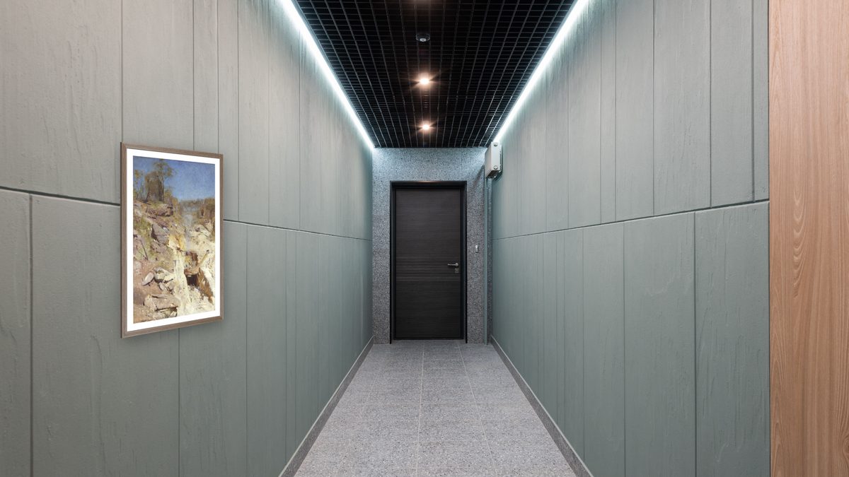 Fire's On by Arthur Streeton, shown at 28 × 42 in (71.1 × 106.7 cm) in Arber Light Walnut, hallway