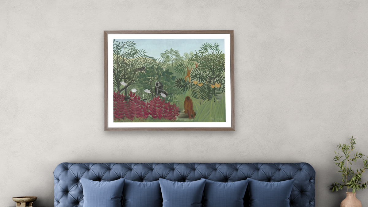 Tropical Forest with Monkeys by Henri Rousseau, shown at 32 × 40 in (81.3 × 101.6 cm) in Arber Light Walnut, bedroom