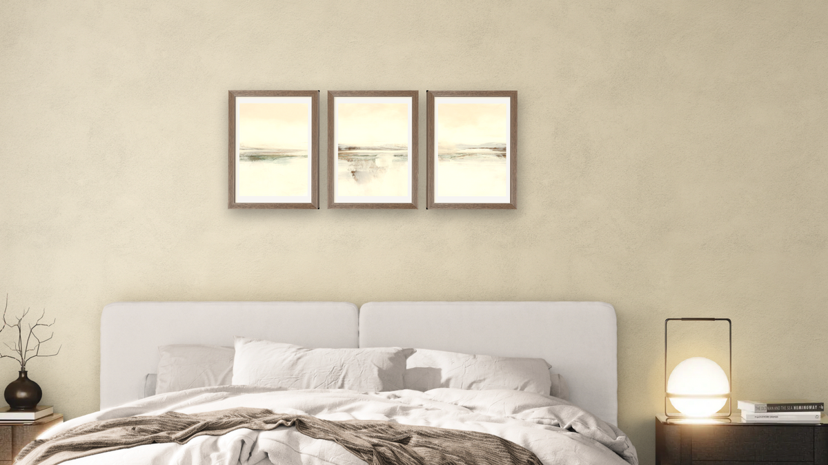 Triptych — Calm Set 3 × Calm Set 2 × Calm Set 1, shown at 14 × 21 in (35.6 × 53.3 cm) in Arber Light Walnut, bedroom