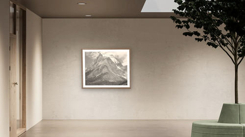 "Going-to-the-Sun Mountain", Glacier National Park, Montana by Ansel Adams, shown at 32 × 40 in (81.3 × 101.6 cm) in Arber Light Walnut, office [arteriel-render:v6:room_a:32x40@43,50]