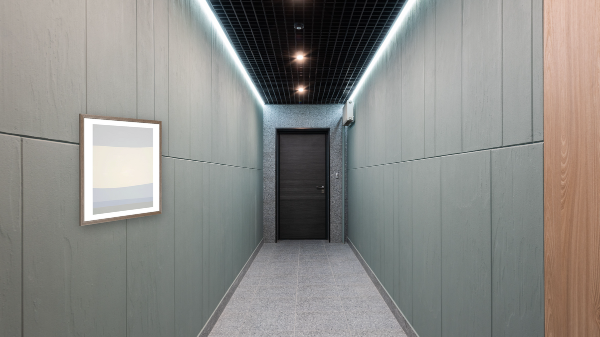 Beyond by Felrath Hines, shown at 32 × 32 in (81.3 × 81.3 cm) in Arber Light Walnut, hallway
