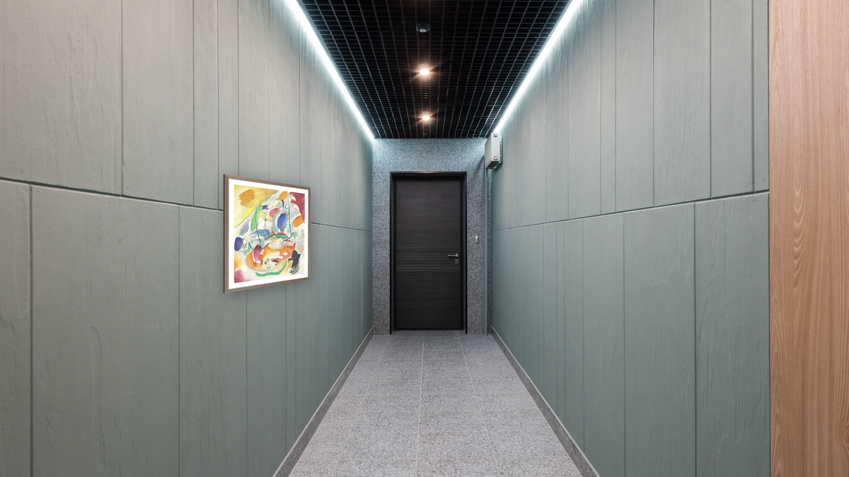 Improvisation 31 (Sea Battle), shown at 34 × 40 in (86.4 × 101.6 cm) in Arber Light Walnut, hallway