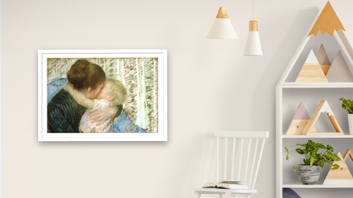 A Goodnight Hug by Mary Cassatt, shown at 28 × 42 in (71.1 × 106.7 cm) in Arber Light Walnut, bedroom [arteriel-render:v6:room_a:28x42@29,48]