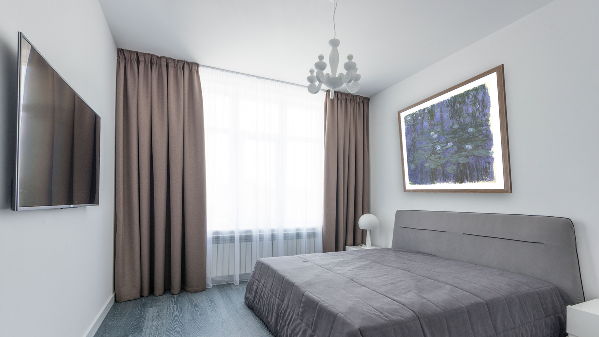 Blue Water Lilies by Claude Monet, shown at 32 × 32 in (81.3 × 81.3 cm) in Arber Light Walnut, bedroom