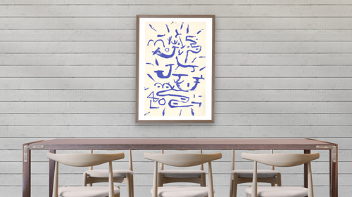 1984.54.99 by Paul Klee, shown at 28 × 42 in (71.1 × 106.7 cm) in Arber Light Walnut, dining [arteriel-render:v6:room_a:28x42@50,35]