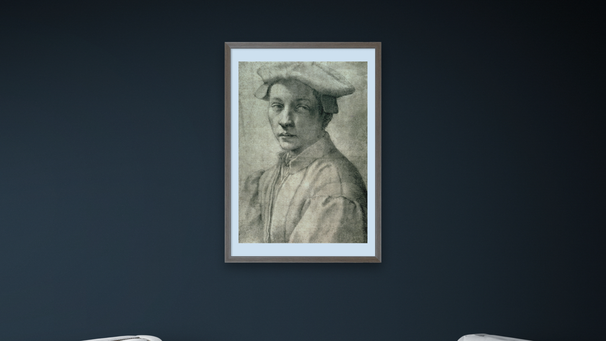 Portrait of Andrea Quaratesi by Michelangelo Buonarroti, shown at 28 × 42 in (71.1 × 106.7 cm) in Arber Light Walnut, office