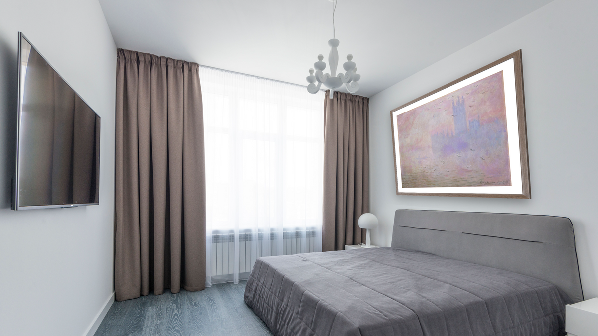 The Houses of Parliament, Seagulls by Claude Monet, shown at 35 × 40 in (88.9 × 101.6 cm) in Arber Light Walnut, bedroom