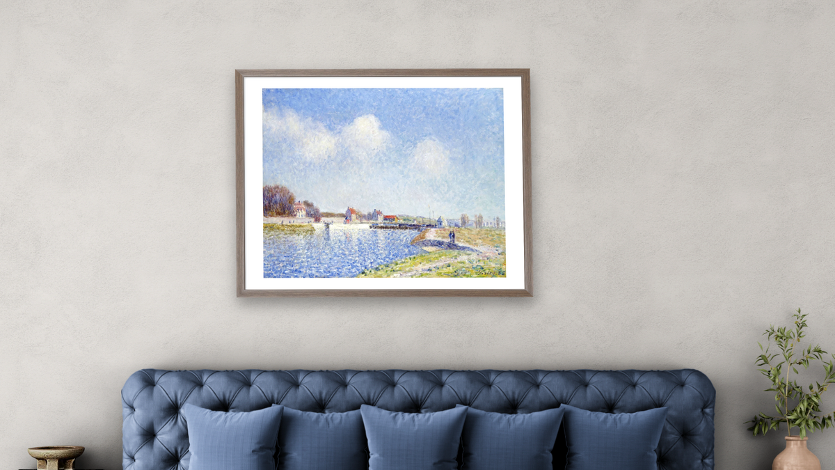 Le Barrage De Saint-Mammes by Alfred Sisley, shown at 32 × 40 in (81.3 × 101.6 cm) in Arber Light Walnut, bedroom