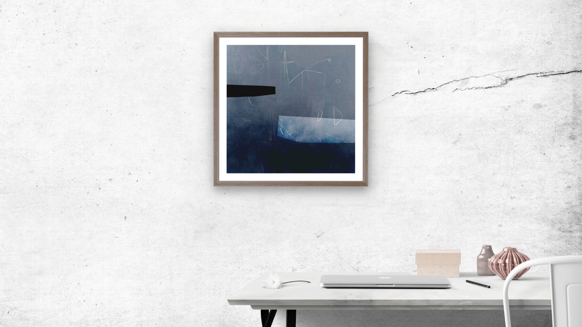 Blues 1 by Dan Hobday, shown at 32 × 32 in (81.3 × 81.3 cm) in Arber Light Walnut, office