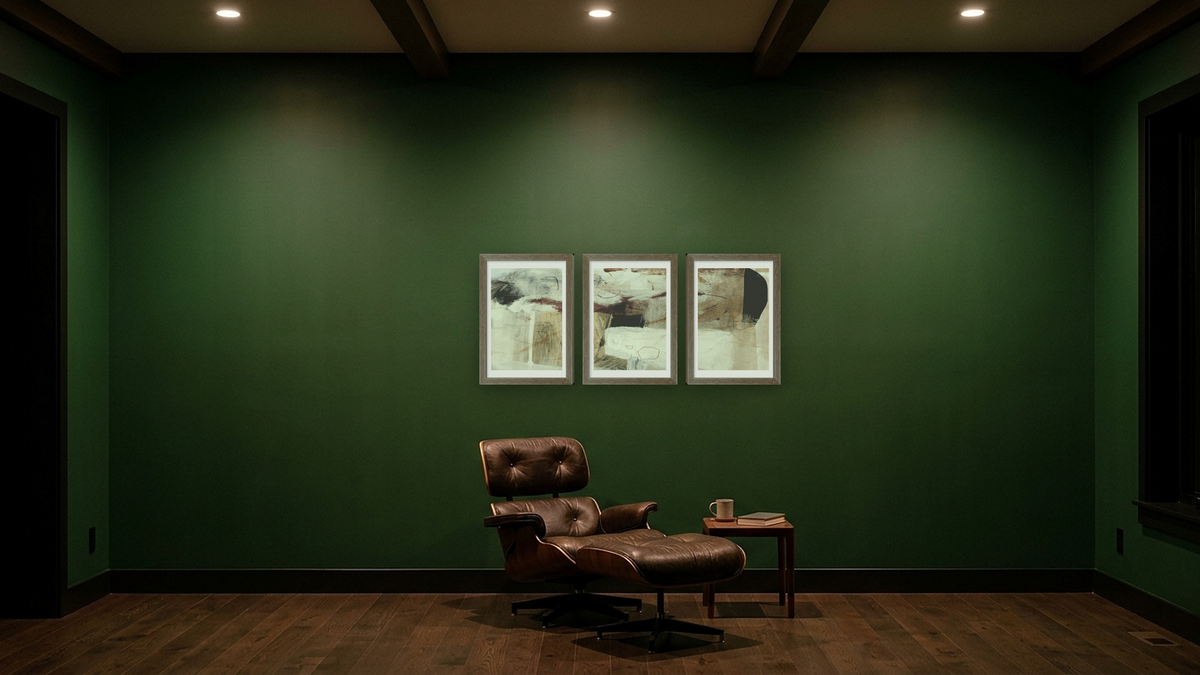 Triptych — Go Set 1 × Go Set 2 × Go Set 3, shown at 14 × 21 in (35.6 × 53.3 cm) in Arber Light Walnut, den