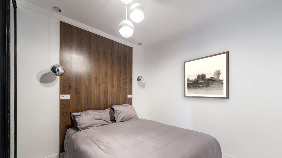 Land 2 SQ by Dan Hobday, shown at 32 × 32 in (81.3 × 81.3 cm) in Arber Light Walnut, bedroom