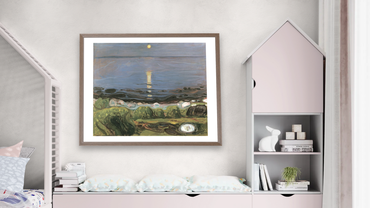 Summer Night by the Beach by Edvard Munch, shown at 32 × 40 in (81.3 × 101.6 cm) in Arber Light Walnut, bedroom