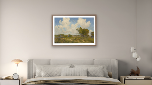 A Sunny Day by Julian Onderdonk, shown at 28 × 42 in (71.1 × 106.7 cm) in Arber Light Walnut, bedroom [arteriel-render:v6:room_a:28x42@49,36]