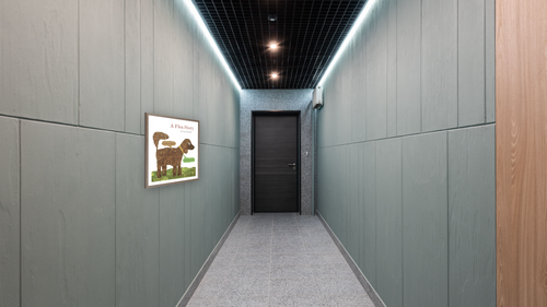A Flea Story (cover) by Leo Lionni, shown at 33 × 40 in (83.8 × 101.6 cm) in Arber Light Walnut, hallway [arteriel-render:v6:room_a:33x40@32,49]