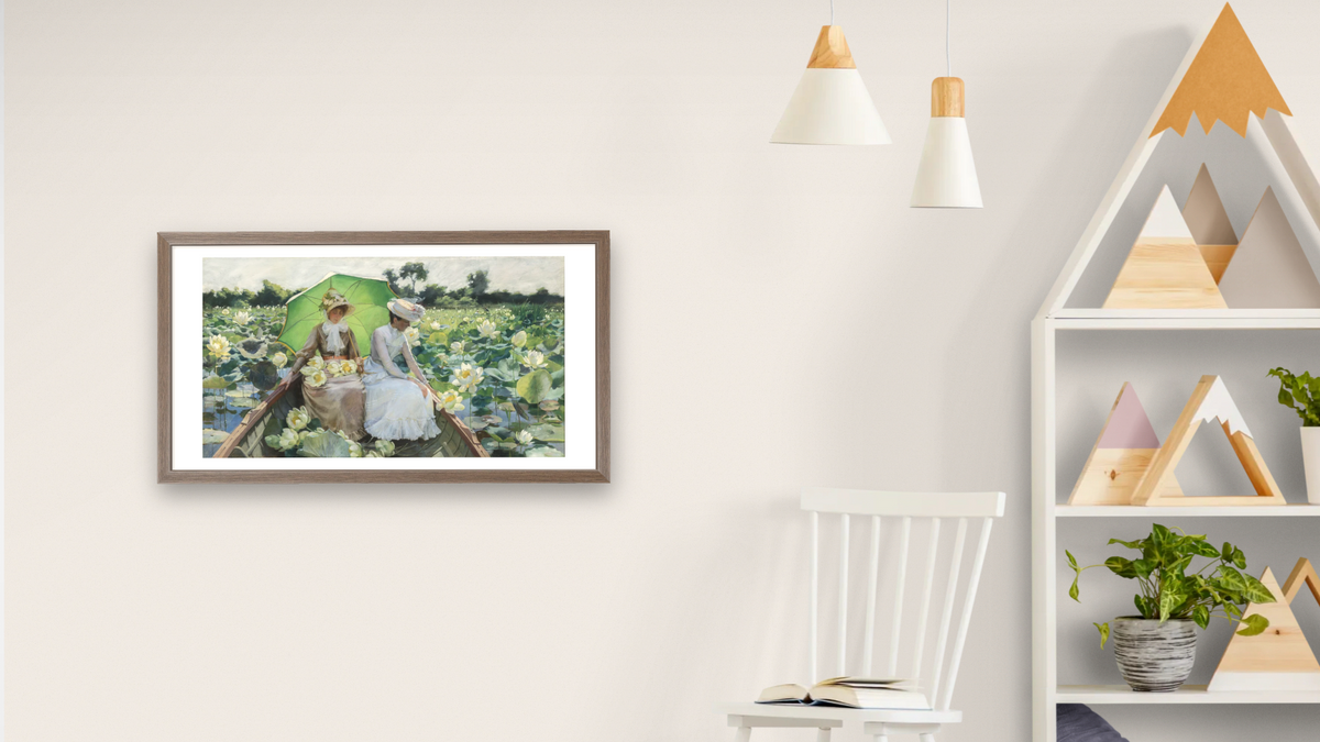 Lotus Lilies by Charles Courtney Curran, shown at 20 × 40 in (50.8 × 101.6 cm) in Arber Light Walnut, bedroom