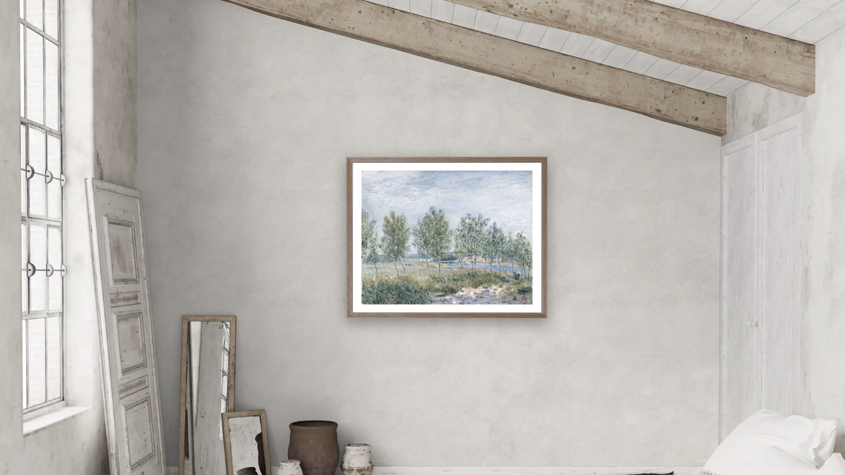 Poplars on a River Bank by Alfred Sisley, shown at 32 × 40 in (81.3 × 101.6 cm) in Arber Light Walnut, bedroom
