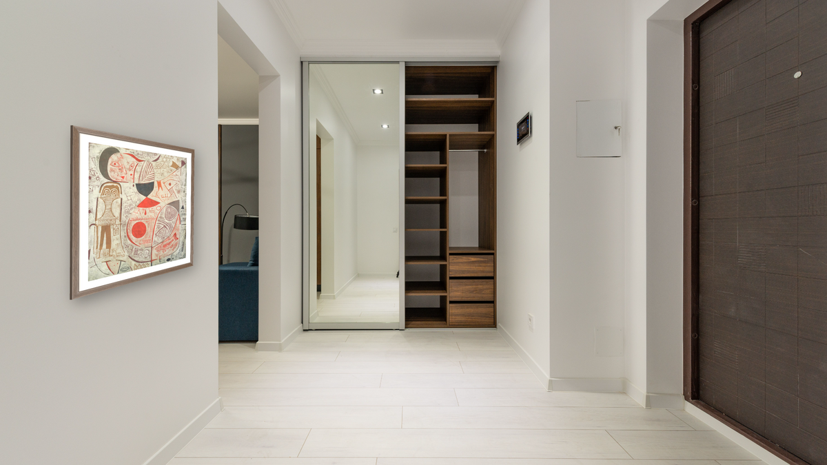 Printed Sheet with Picture by Paul Klee, shown at 30 × 32 in (76.2 × 81.3 cm) in Arber Light Walnut, hallway