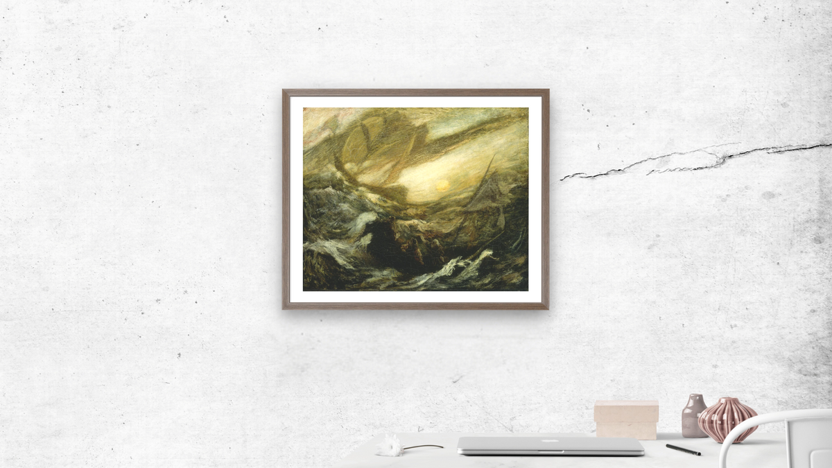 Flying Dutchman by Albert Pinkham Ryder, shown at 32 × 40 in (81.3 × 101.6 cm) in Arber Light Walnut, office
