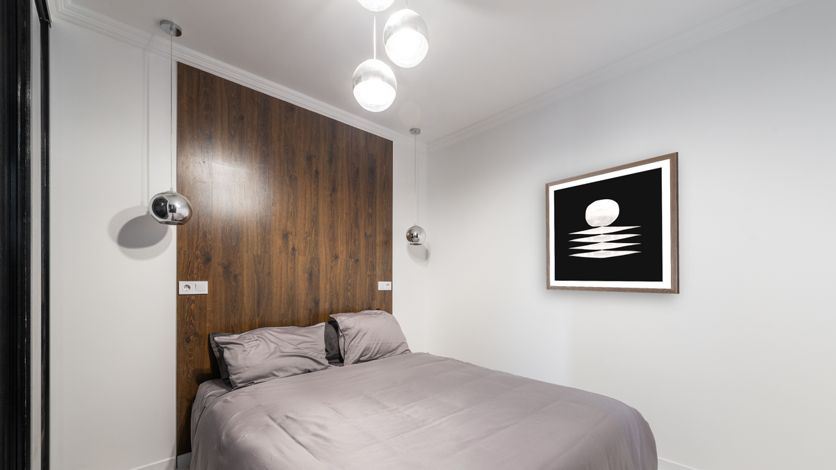 Mono Shapes 5 by Dan Hobday, shown at 32 × 32 in (81.3 × 81.3 cm) in Arber Light Walnut, bedroom
