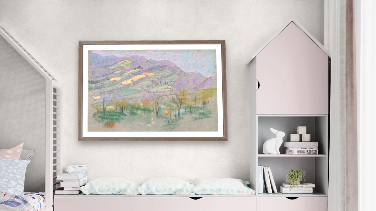 Landscape with purple mountains from A.B. Davies book, edition #50/50 by Arthur Bowen Davies, shown at 28 × 42 in (71.1 × 106.7 cm) in Arber Light Walnut, bedroom