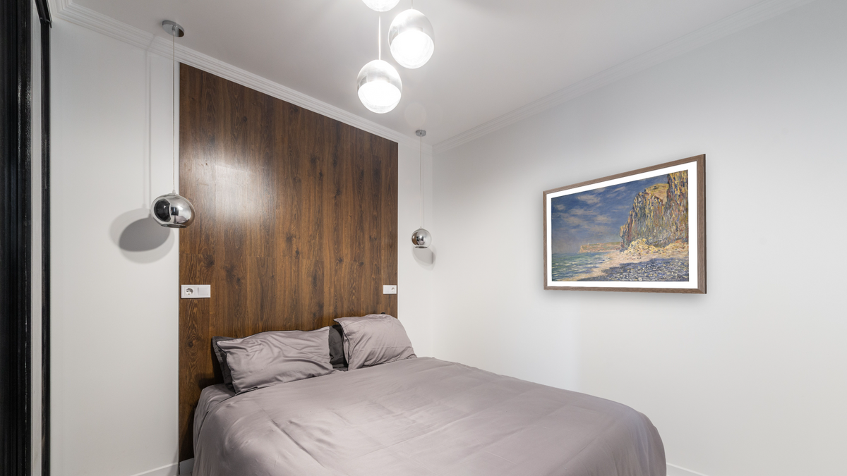 Falaise, near Fecamp by Claude Monet, shown at 30 × 40 in (76.2 × 101.6 cm) in Arber Light Walnut, bedroom