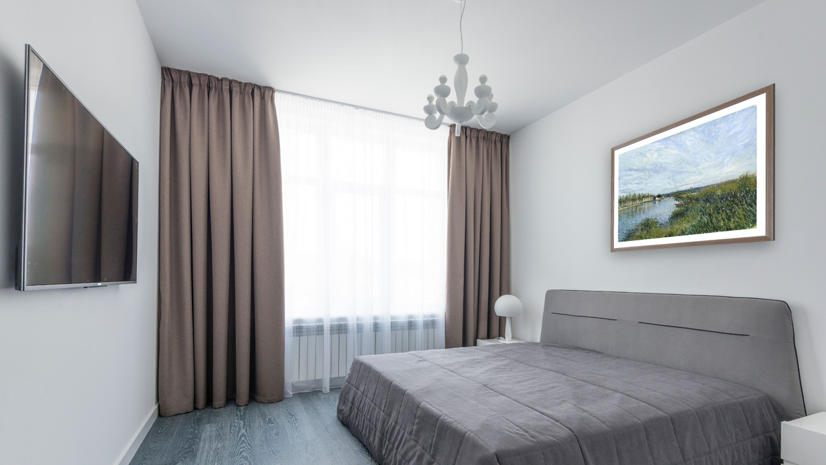 View of Saint-Mammes by Alfred Sisley, shown at 30 × 40 in (76.2 × 101.6 cm) in Arber Light Walnut, bedroom