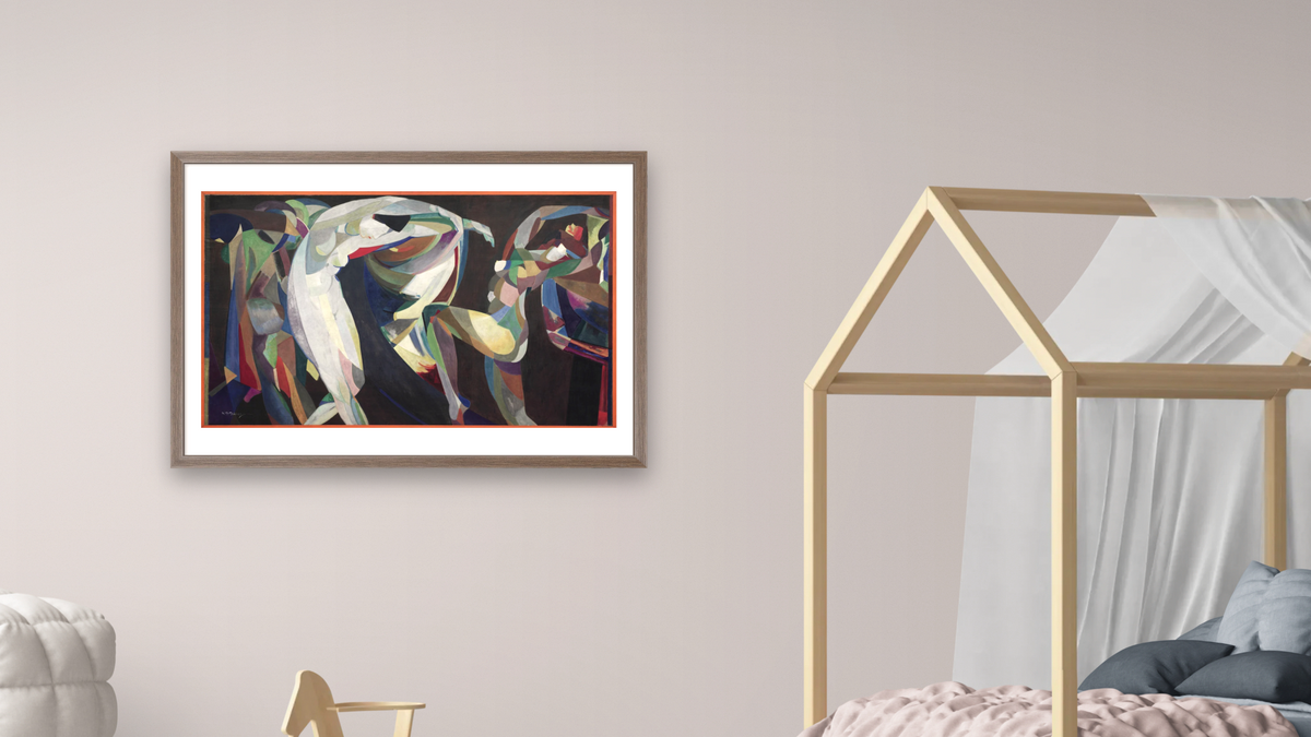 Dances by Arthur Bowen Davies, shown at 28 × 42 in (71.1 × 106.7 cm) in Arber Light Walnut, bedroom