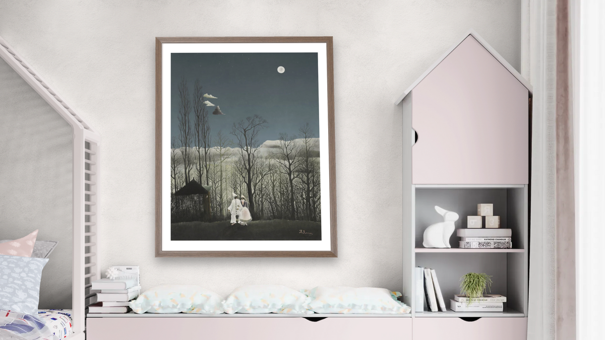A Carnival Evening by Henri Rousseau, shown at 30 × 40 in (76.2 × 101.6 cm) in Arber Light Walnut, bedroom