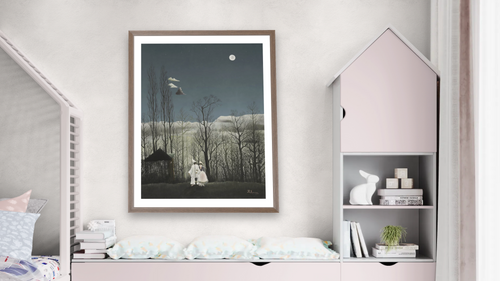 A Carnival Evening by Henri Rousseau, shown at 30 × 40 in (76.2 × 101.6 cm) in Arber Light Walnut, bedroom [arteriel-render:v6:room_a:30x40@41,43]