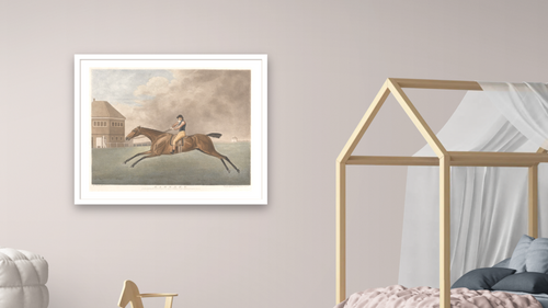 'Baronet' by George Townly Stubbs, After George Stubbs, shown at 32 × 40 in (81.3 × 101.6 cm) in Arber Light Walnut, bedroom [arteriel-render:v6:room_a:32x40@31,42]