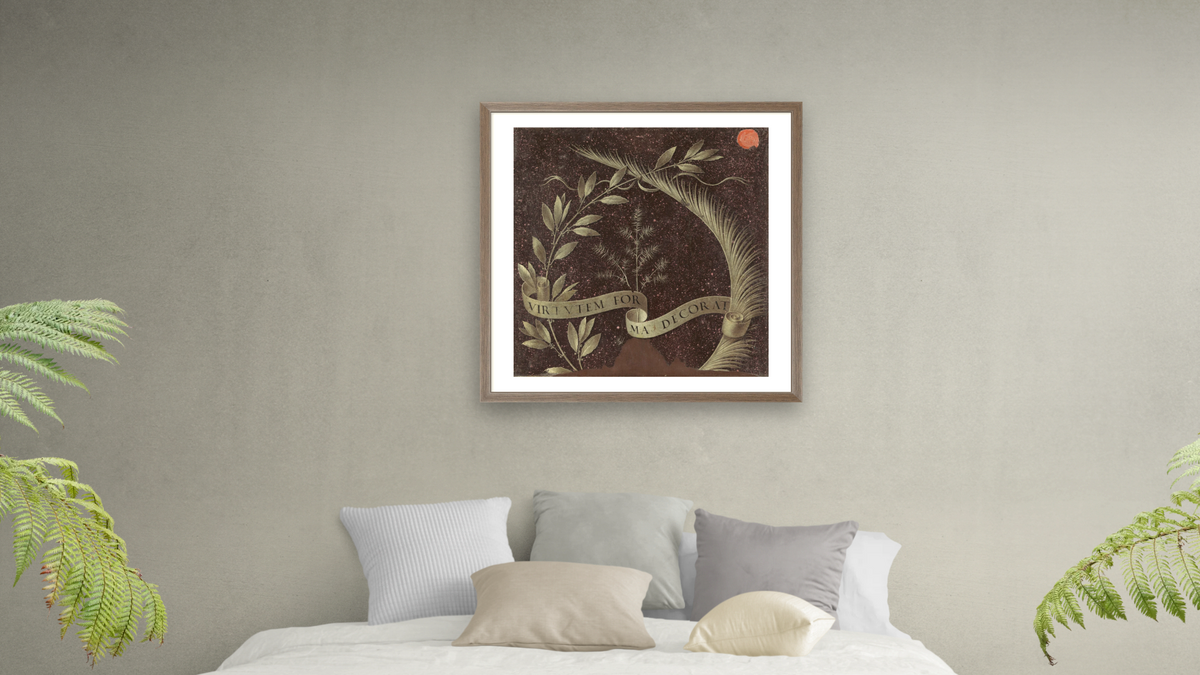 Wreath of Laurel, Palm, and Juniper with a Scroll inscribed Virtutem Forum Decorat [reverse] by Leonardo da Vinci, shown at 32 × 32 in (81.3 × 81.3 cm) in Arber Light Walnut, bedroom