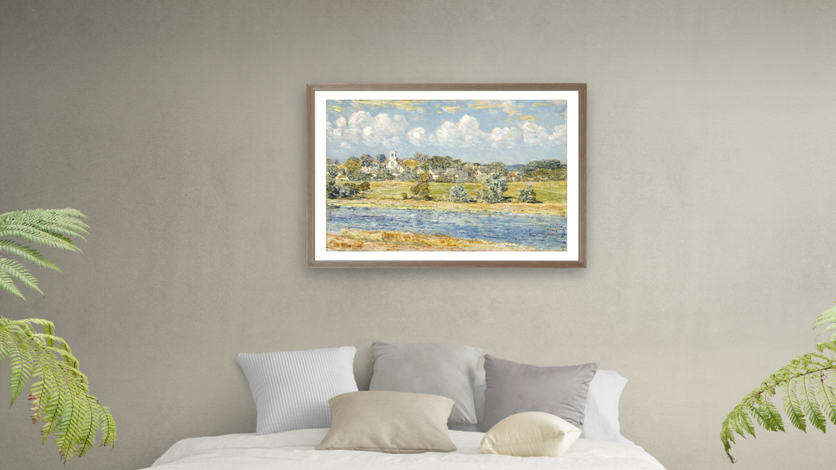 Landscape at Newfields, New Hampshire by Childe Hassam, shown at 28 × 42 in (71.1 × 106.7 cm) in Arber Light Walnut, bedroom