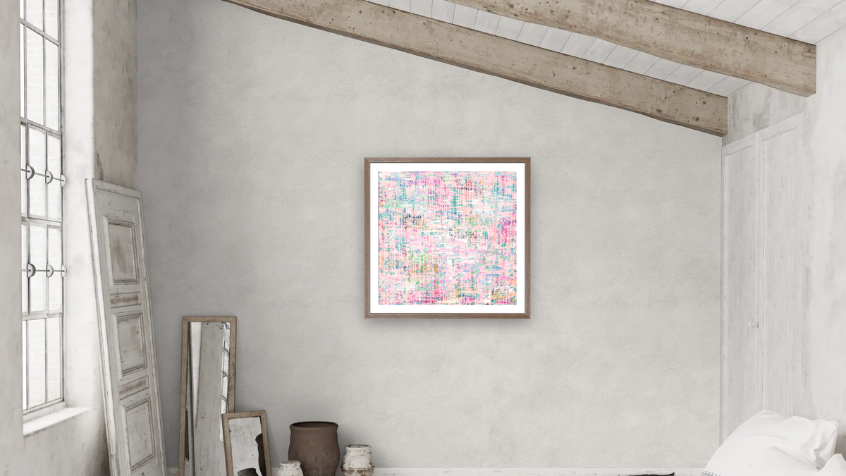 Pink Rain by Emily Herrera, shown at 32 × 32 in (81.3 × 81.3 cm) in Arber Light Walnut, bedroom