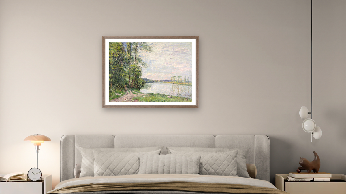 The Riverside Road from Veneux to Thomery by Alfred Sisley, shown at 30 × 40 in (76.2 × 101.6 cm) in Arber Light Walnut, bedroom