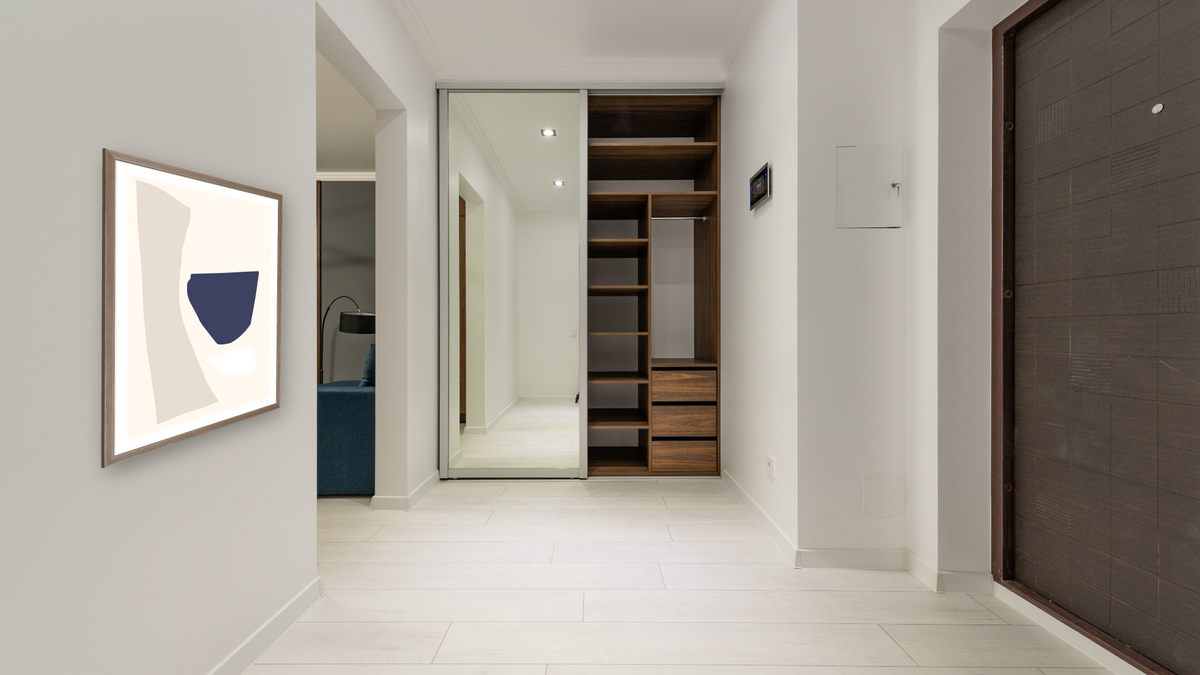 Minimal Set 2 by Dan Hobday, shown at 30 × 42 in (76.2 × 106.7 cm) in Arber Light Walnut, hallway