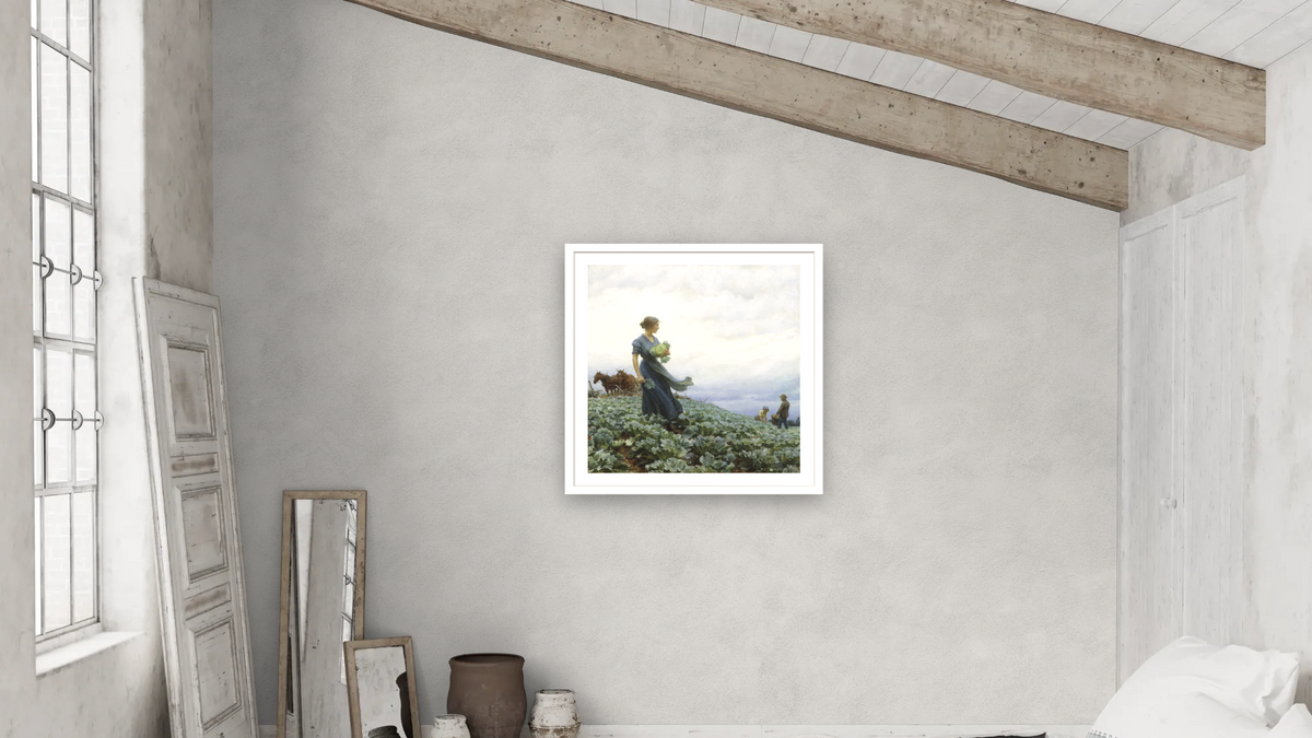 The Cabbage Field by Charles Courtney Curran, shown at 32 × 32 in (81.3 × 81.3 cm) in Arber Light Walnut, bedroom