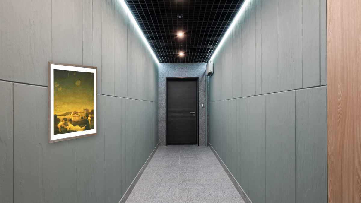 Viola Obligato by Arthur Bowen Davies, shown at 32 × 40 in (81.3 × 101.6 cm) in Arber Light Walnut, hallway