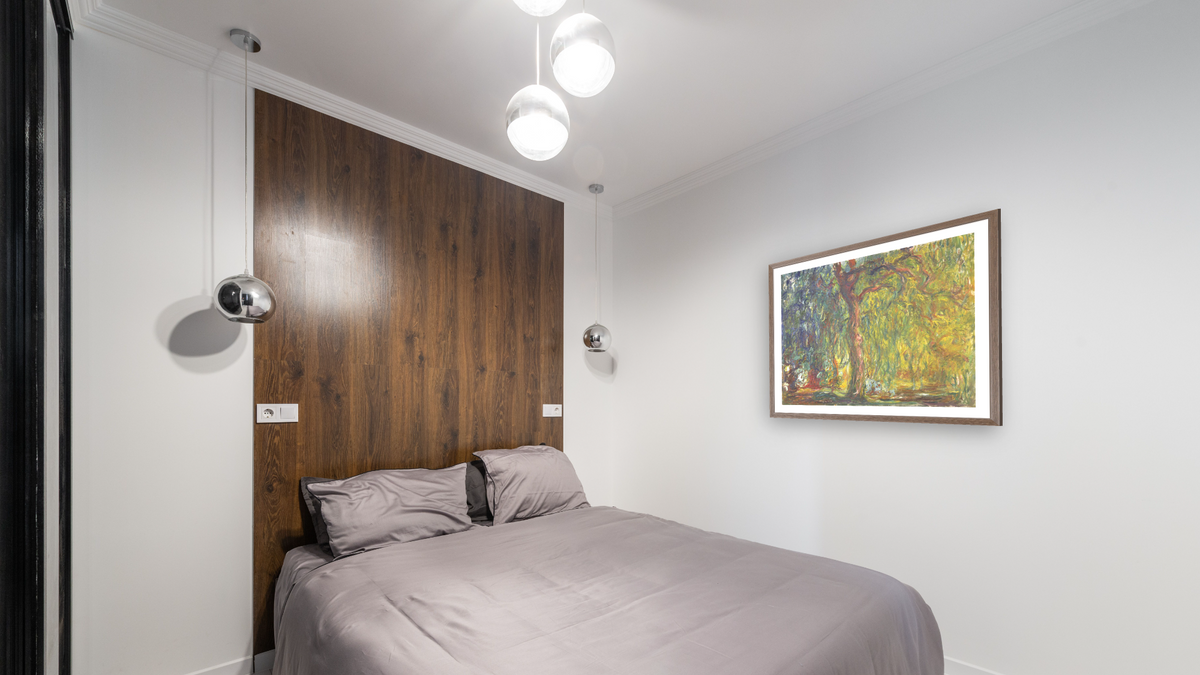 Weeping Willow by Claude Monet, shown at 33 × 40 in (83.8 × 101.6 cm) in Arber Light Walnut, bedroom