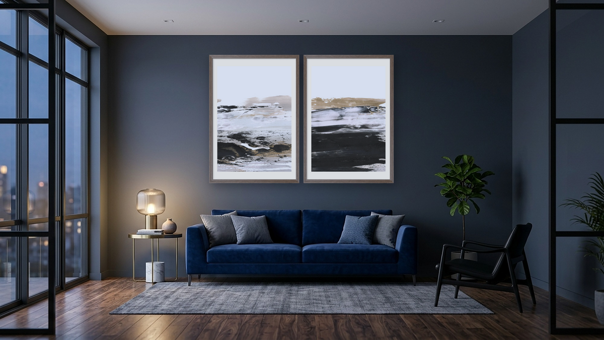Diptych — Dune 2 × Dune 1, shown at 28 × 42 in (71.1 × 106.7 cm) in Arber Light Walnut, den