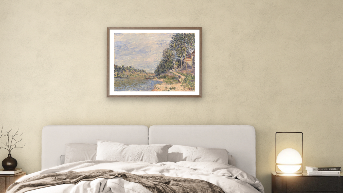 Le Château de la Croix-Blanche à Saint Mammes (après-midi de Septembre) by Alfred Sisley, shown at 30 × 40 in (76.2 × 101.6 cm) in Arber Light Walnut, bedroom
