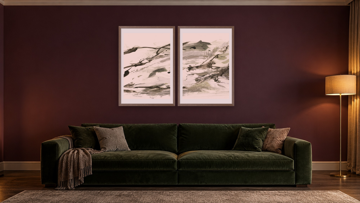 Diptych — Bot 1 × Bot 2, shown at 28 × 42 in (71.1 × 106.7 cm) in Arber Light Walnut, den